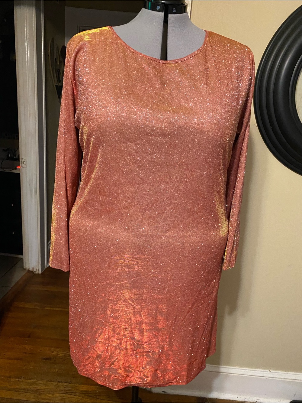 Source Unknown Metallic Rose Gold Long Sleeve Shift Dress